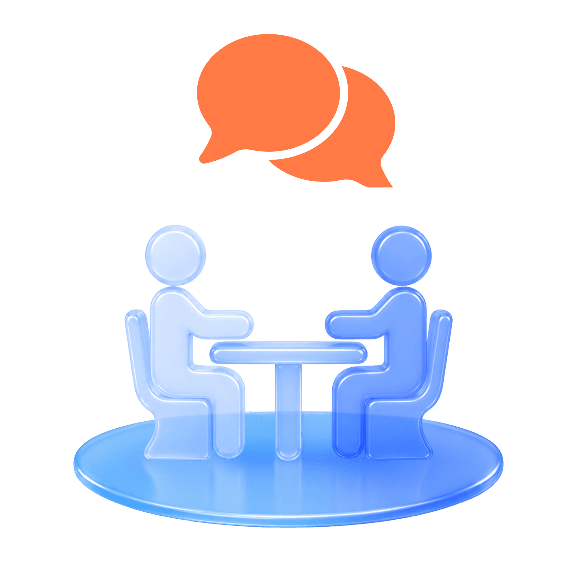 Two people at a table with speech bubbles