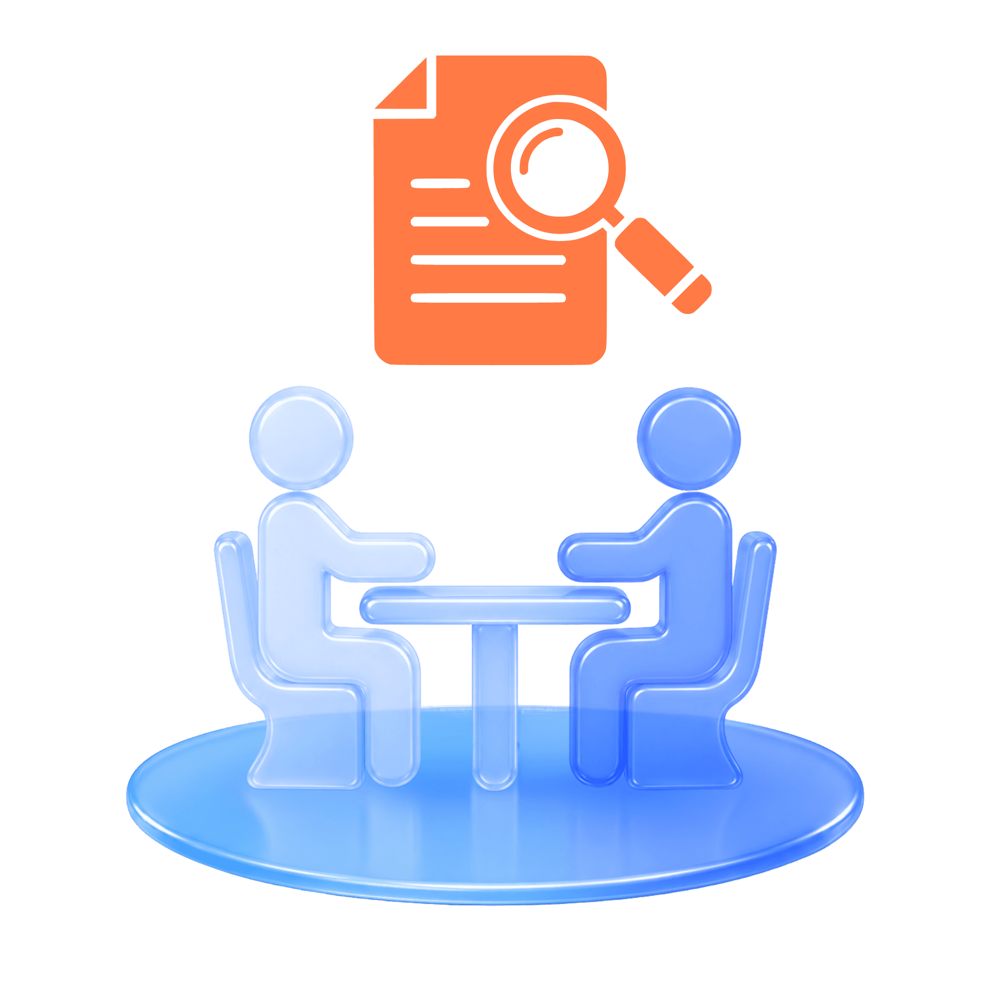 Two people at a table with a document and magnifier